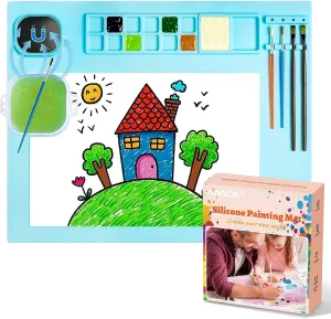 Silicone Art Mat with Cup, Painting Mat for Crafts Resin Casting, Artist Mat with Pen Holders for Kids Gift, Clay, DIY Creations and Play Doh, Christmas Gifts Box (Blue)