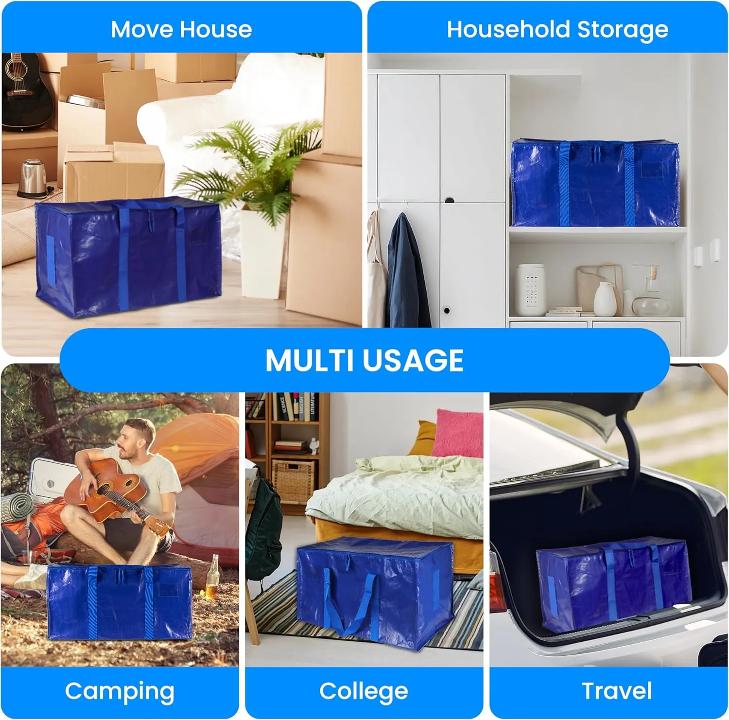 Simple Deluxe 12 Pack Extra Large Moving Bags with Lids, Reinforced Handles and Zippers, Heavy Duty Storage Tote For Moving Travel Camping Space Saving, Blue