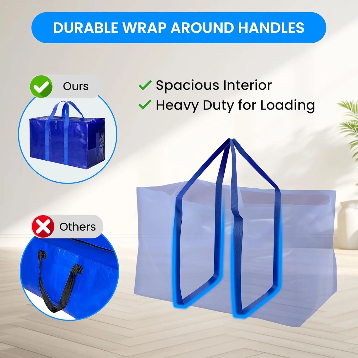 Simple Deluxe 12 Pack Extra Large Moving Bags with Lids, Reinforced Handles and Zippers, Heavy Duty Storage Tote For Moving Travel Camping Space Saving, Blue