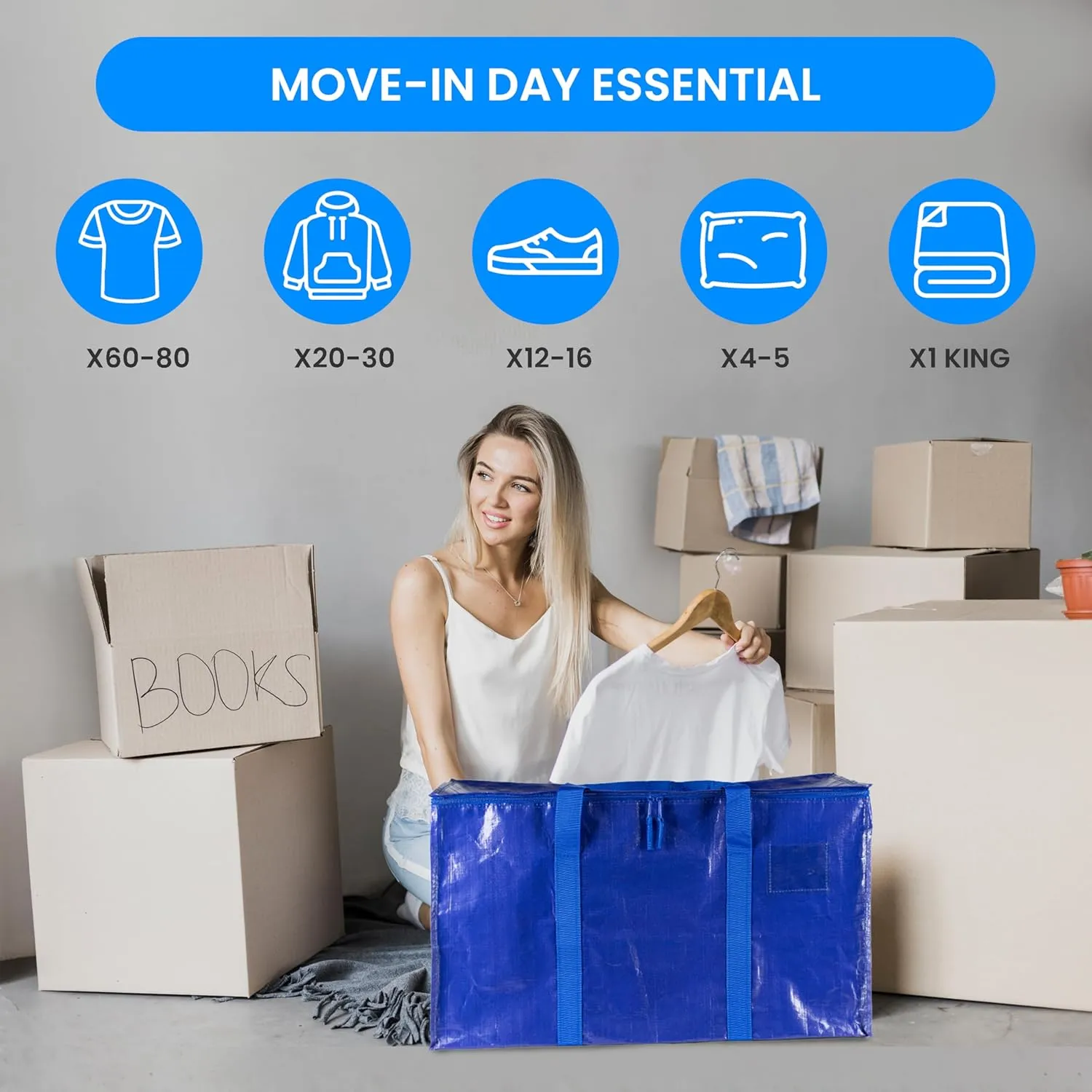 Simple Deluxe 12 Pack Extra Large Moving Bags with Lids, Reinforced Handles and Zippers, Heavy Duty Storage Tote For Moving Travel Camping Space Saving, Blue