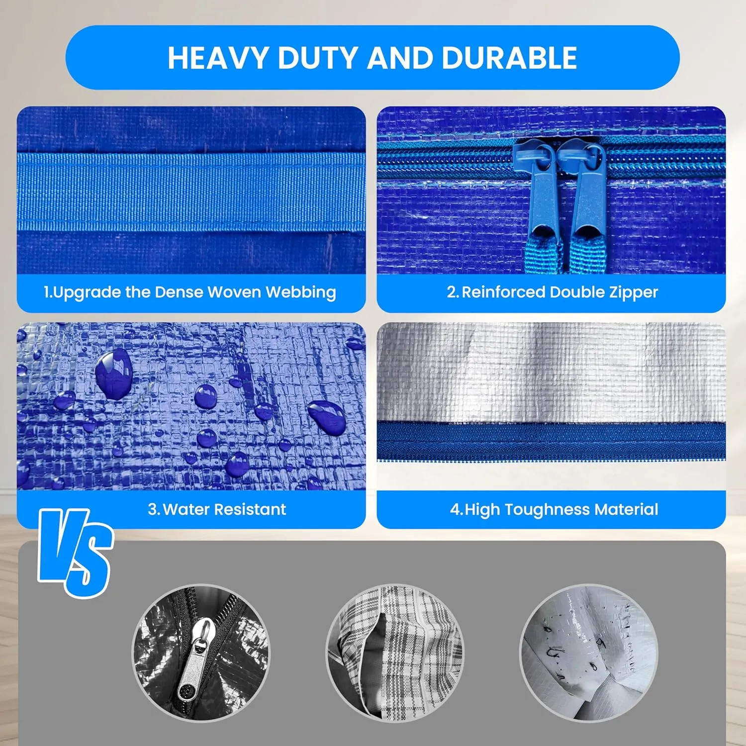 Simple Deluxe 12 Pack Extra Large Moving Bags with Lids, Reinforced Handles and Zippers, Heavy Duty Storage Tote For Moving Travel Camping Space Saving, Blue
