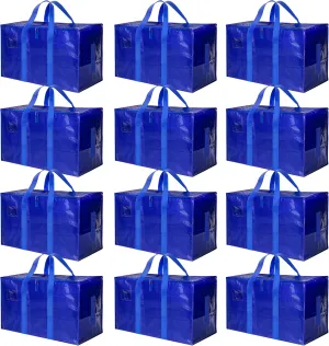 Simple Deluxe 12 Pack Extra Large Moving Bags with Lids, Reinforced Handles and Zippers, Heavy Duty Storage Tote For Moving Travel Camping Space Saving, Blue