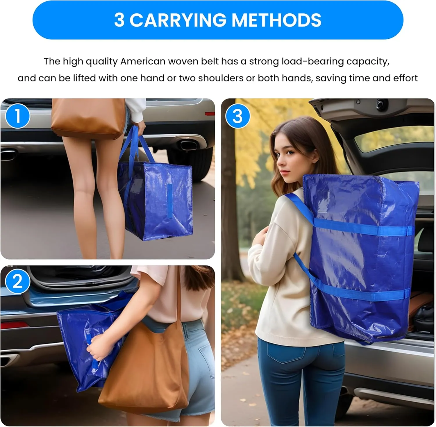 Simple Deluxe 12 Pack Extra Large Moving Bags with Lids, Reinforced Handles and Zippers, Heavy Duty Storage Tote For Moving Travel Camping Space Saving, Blue