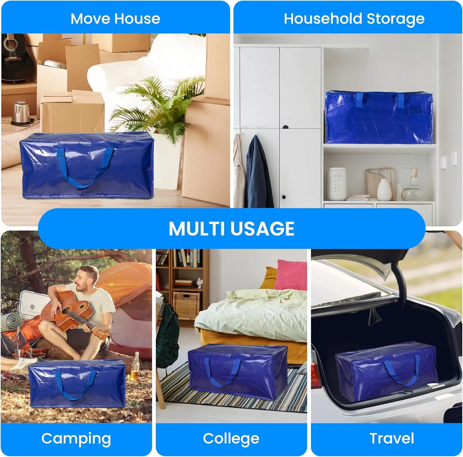 Simple Deluxe 4 Pack Extra Large Moving Bags with Backpack Straps, Strong Handles/Zippers, Heavy Duty Storage Tote for Moving Travel Camping Space Saving, Blue