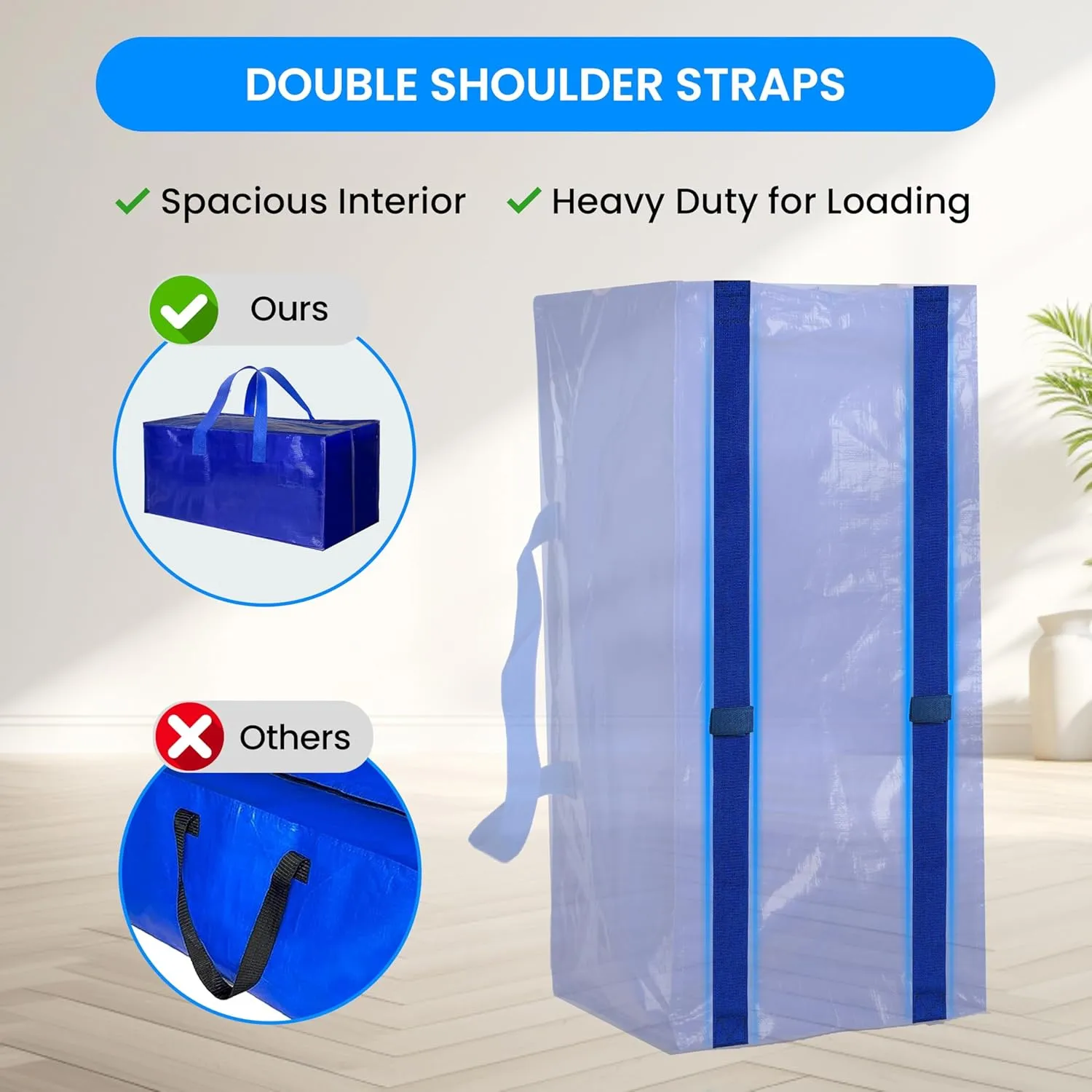 Simple Deluxe 4 Pack Extra Large Moving Bags with Backpack Straps, Strong Handles/Zippers, Heavy Duty Storage Tote for Moving Travel Camping Space Saving, Blue