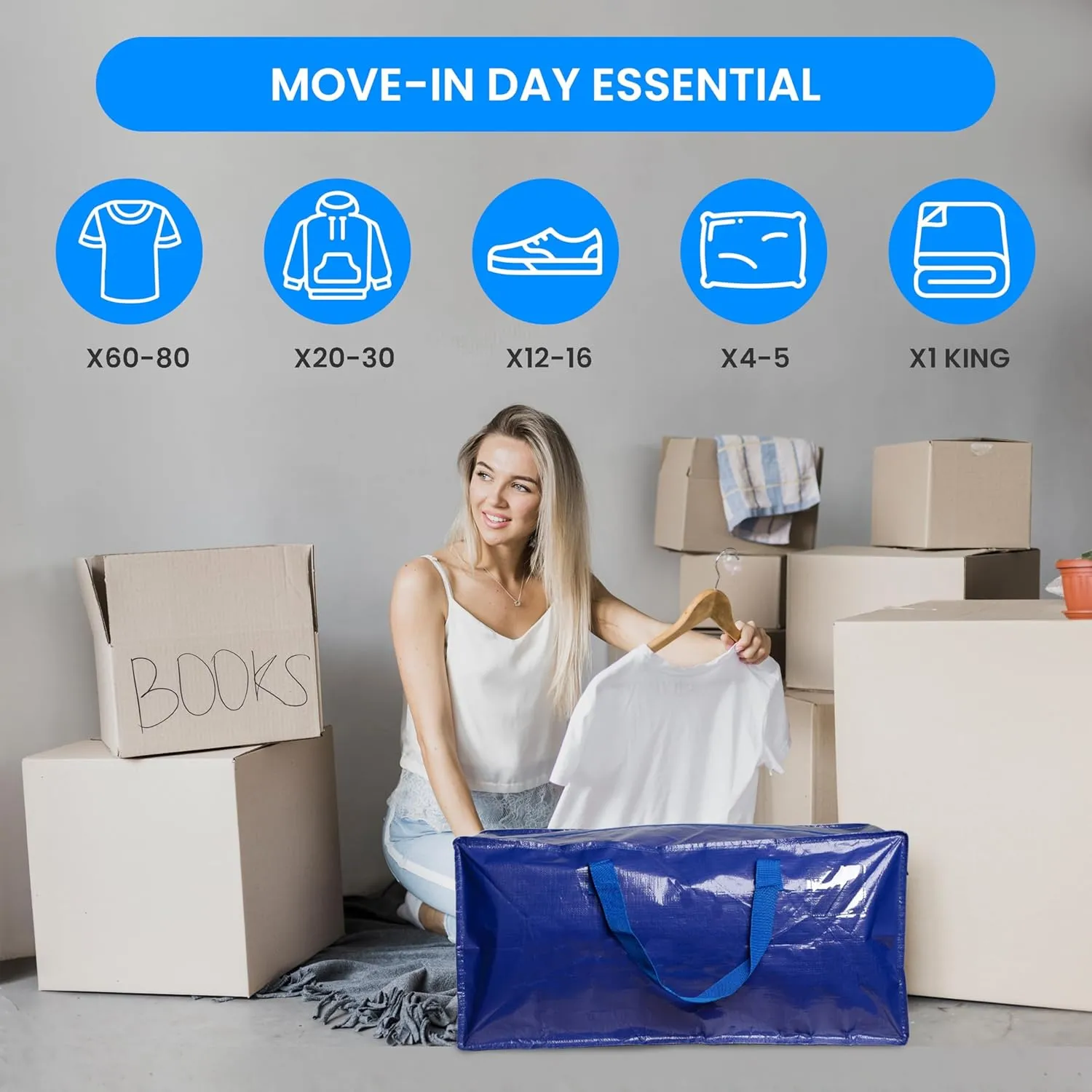 Simple Deluxe 4 Pack Extra Large Moving Bags with Backpack Straps, Strong Handles/Zippers, Heavy Duty Storage Tote for Moving Travel Camping Space Saving, Blue