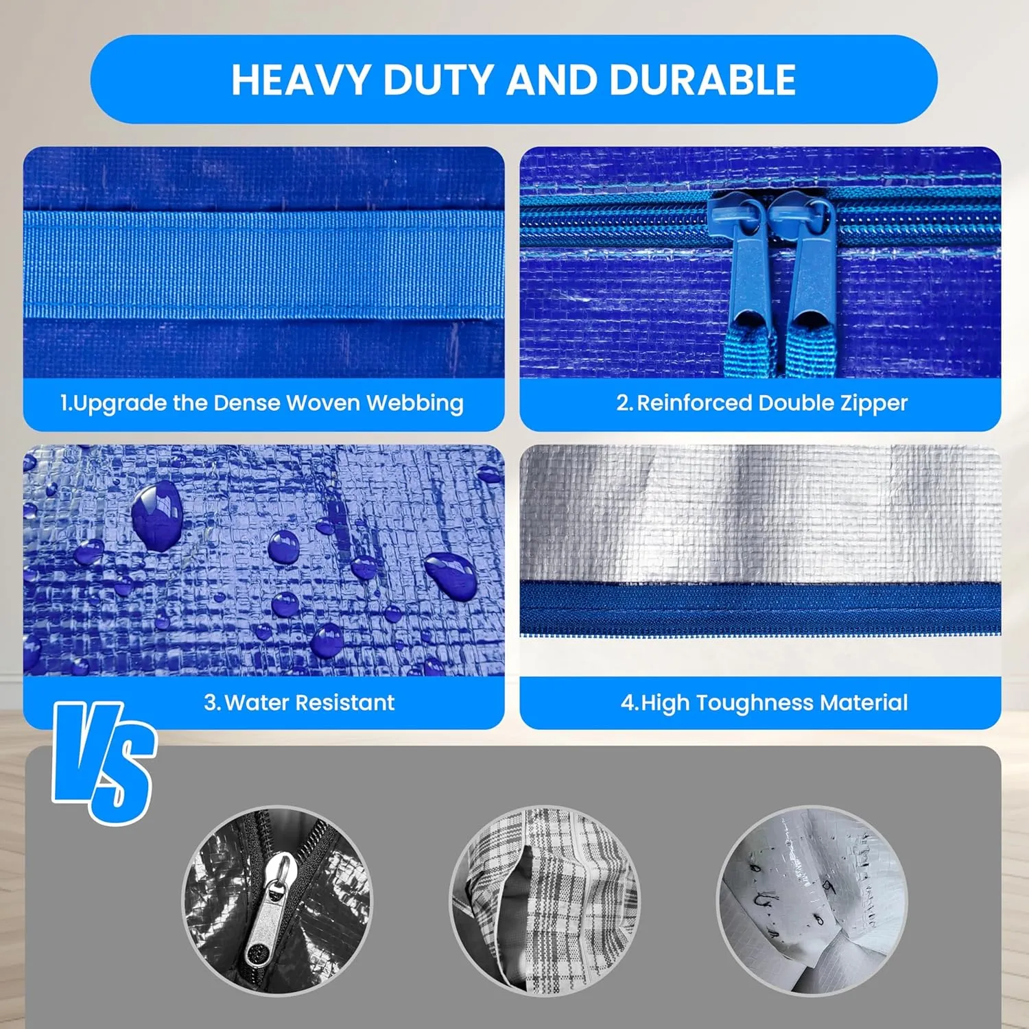 Simple Deluxe 4 Pack Extra Large Moving Bags with Backpack Straps, Strong Handles/Zippers, Heavy Duty Storage Tote for Moving Travel Camping Space Saving, Blue