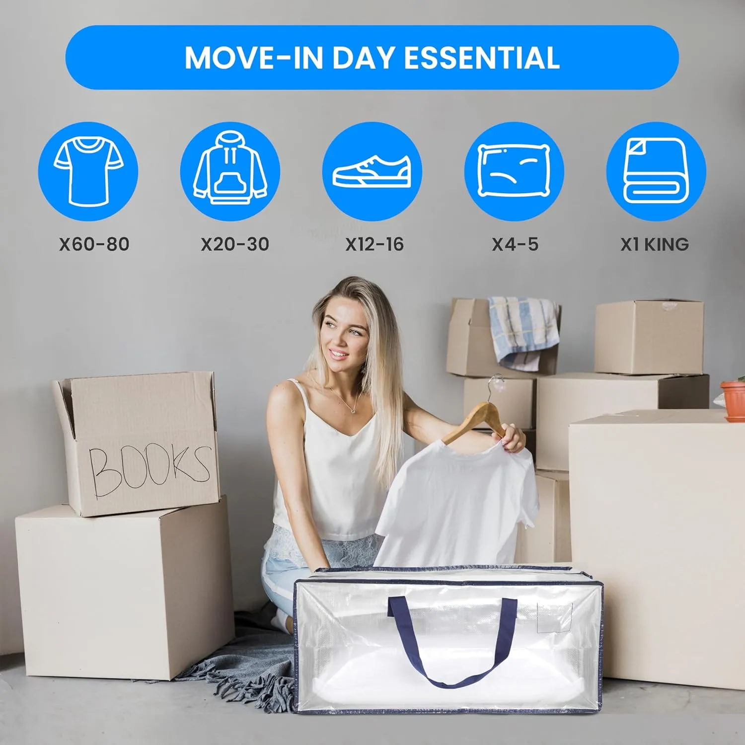 Simple Deluxe 6 Pack Extra Large Moving Bags with Backpack Straps, Strong Handles/Zippers, Heavy Duty Storage Tote For Moving Travel Camping Space Saving, White