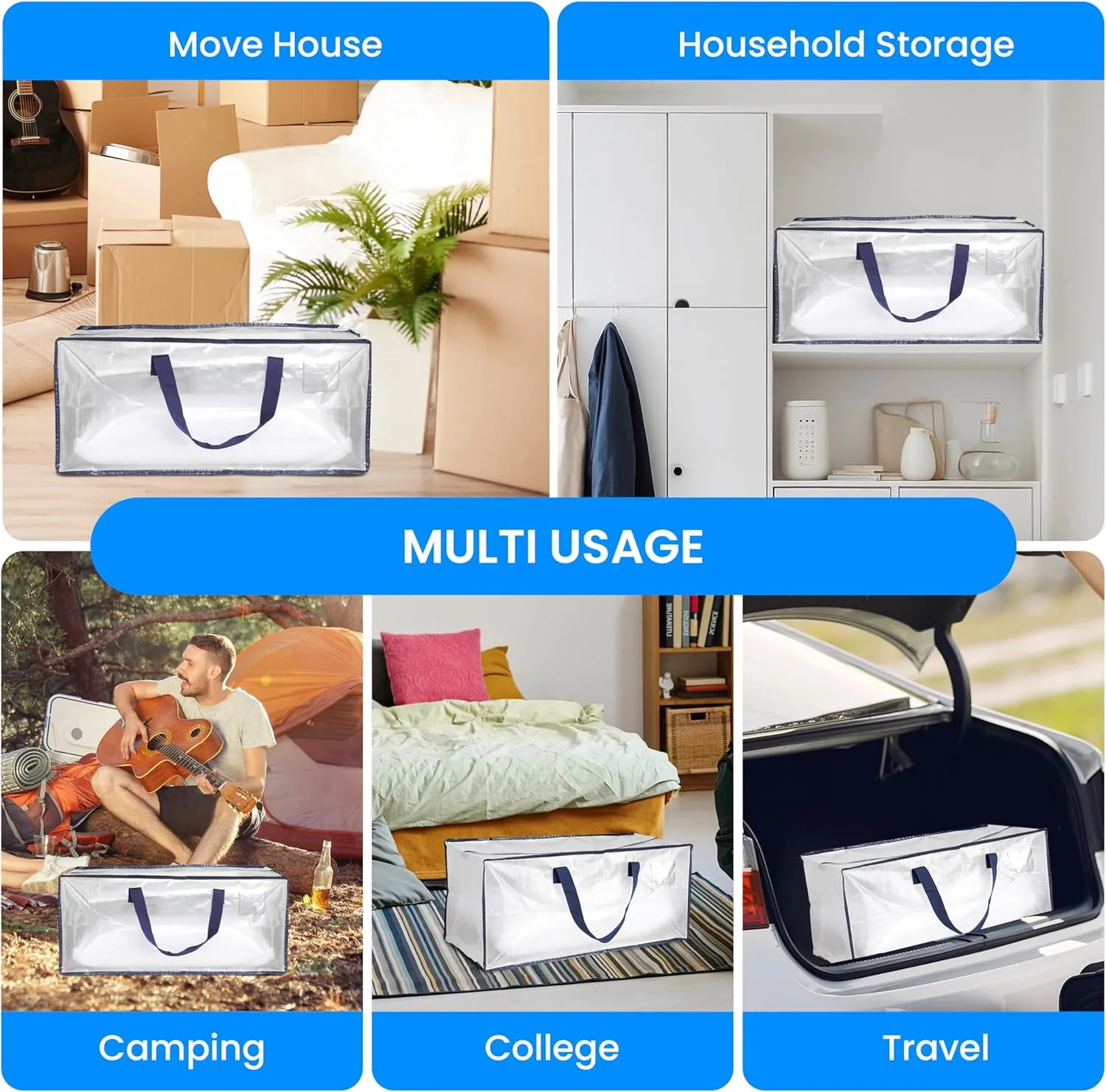 Simple Deluxe 6 Pack Extra Large Moving Bags with Backpack Straps, Strong Handles/Zippers, Heavy Duty Storage Tote For Moving Travel Camping Space Saving, White