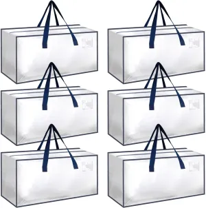 Simple Deluxe 6 Pack Extra Large Moving Bags with Backpack Straps, Strong Handles/Zippers, Heavy Duty Storage Tote For Moving Travel Camping Space Saving, White