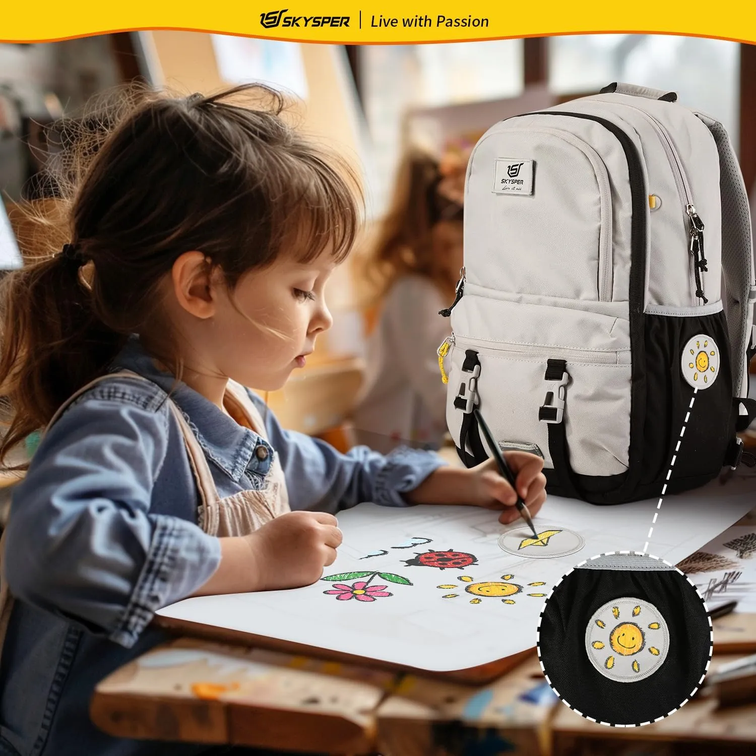 SKYSPER Kids Backpack - 18L School Backpacks Girls Multi-compartment Travel Bags Boys Bookbag Teen with DIY Sticker