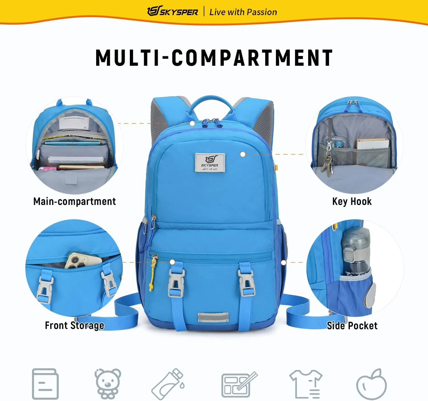 SKYSPER Kids Backpack - 18L School Backpacks Girls Multi-compartment Travel Bags Boys Bookbag Teen with DIY Sticker