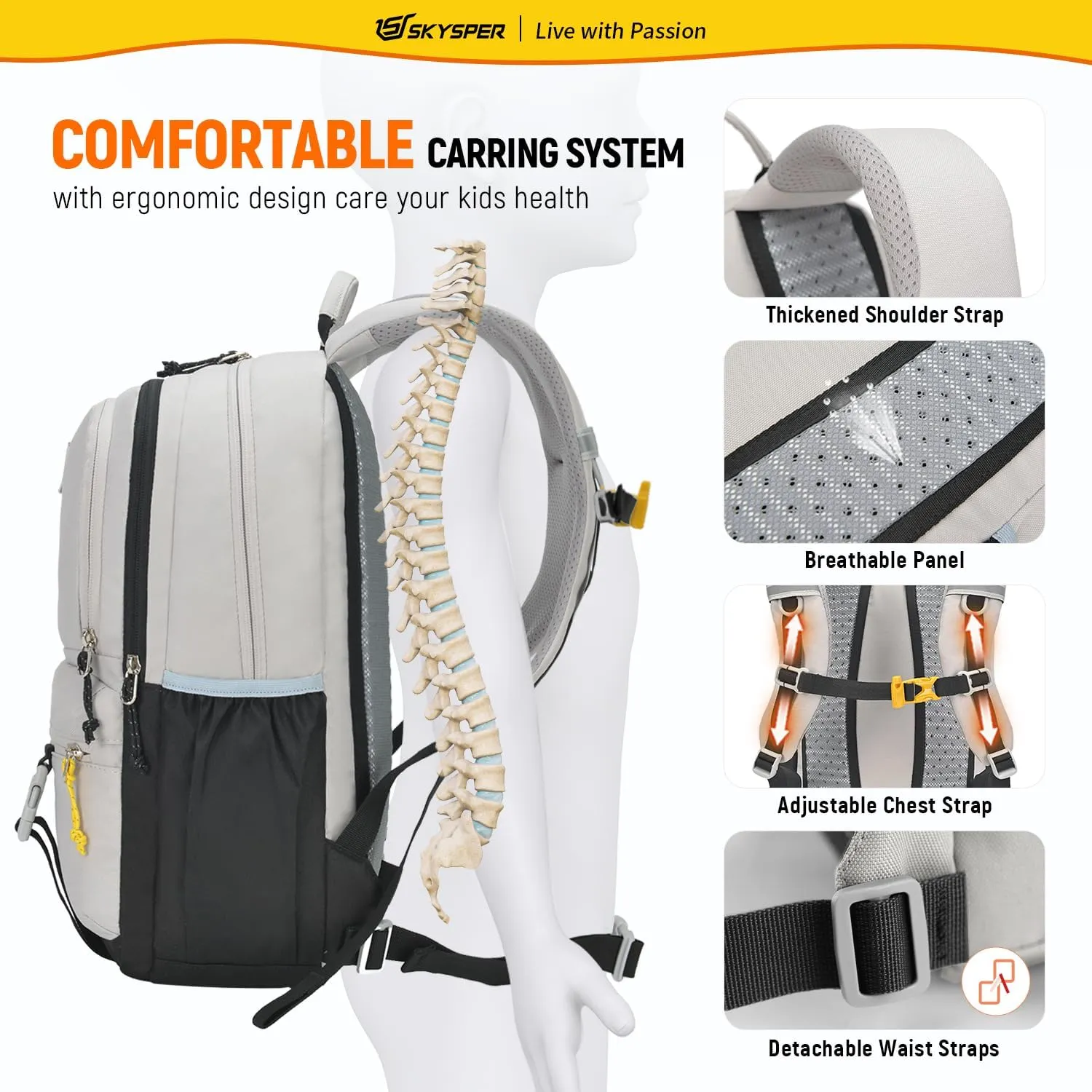 SKYSPER Kids Backpack - 18L School Backpacks Girls Multi-compartment Travel Bags Boys Bookbag Teen with DIY Sticker