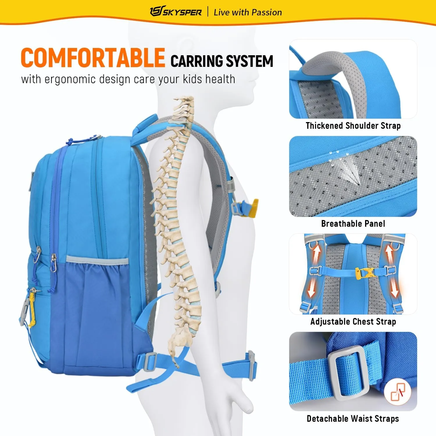 SKYSPER Kids Backpack - 18L School Backpacks Girls Multi-compartment Travel Bags Boys Bookbag Teen with DIY Sticker
