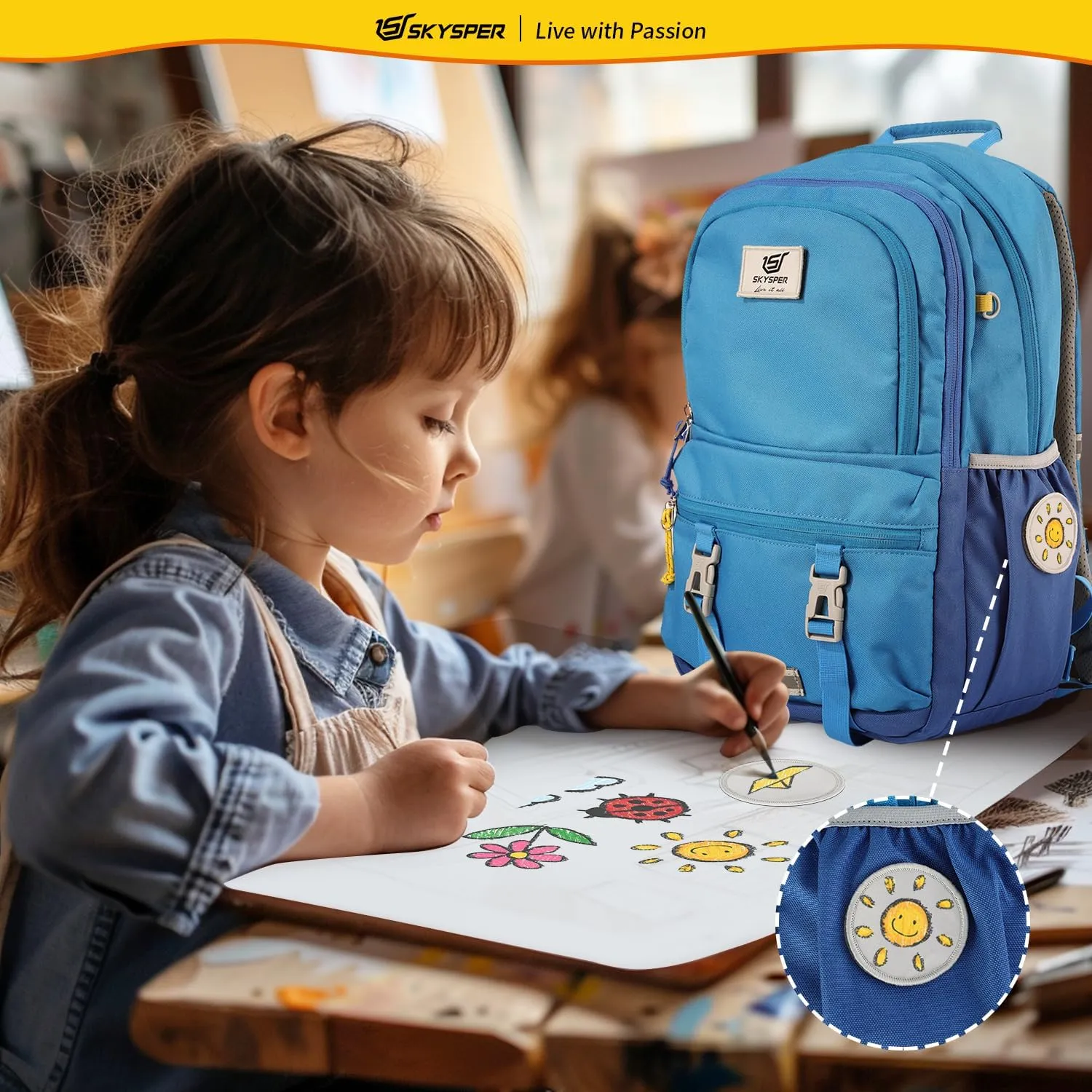 SKYSPER Kids Backpack - 18L School Backpacks Girls Multi-compartment Travel Bags Boys Bookbag Teen with DIY Sticker