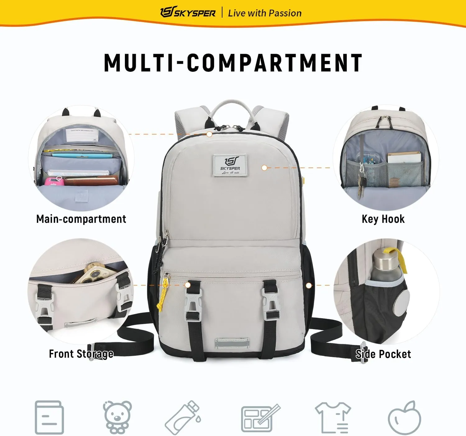 SKYSPER Kids Backpack - 18L School Backpacks Girls Multi-compartment Travel Bags Boys Bookbag Teen with DIY Sticker
