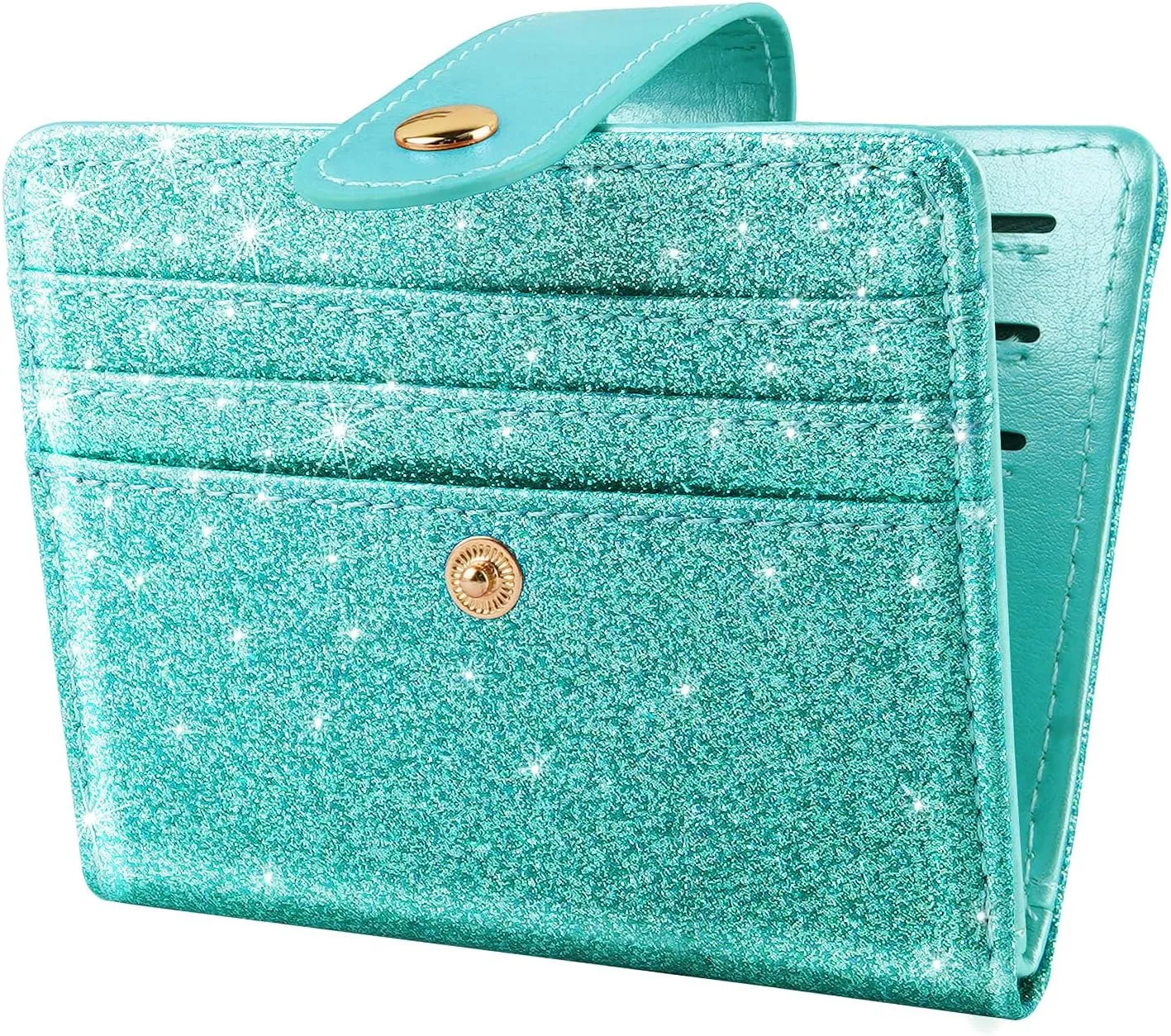 Slim Bifold Wallet RFID Credit Card Wallet Glitter Leather Small Cute Card Holder for Women, Tiffany