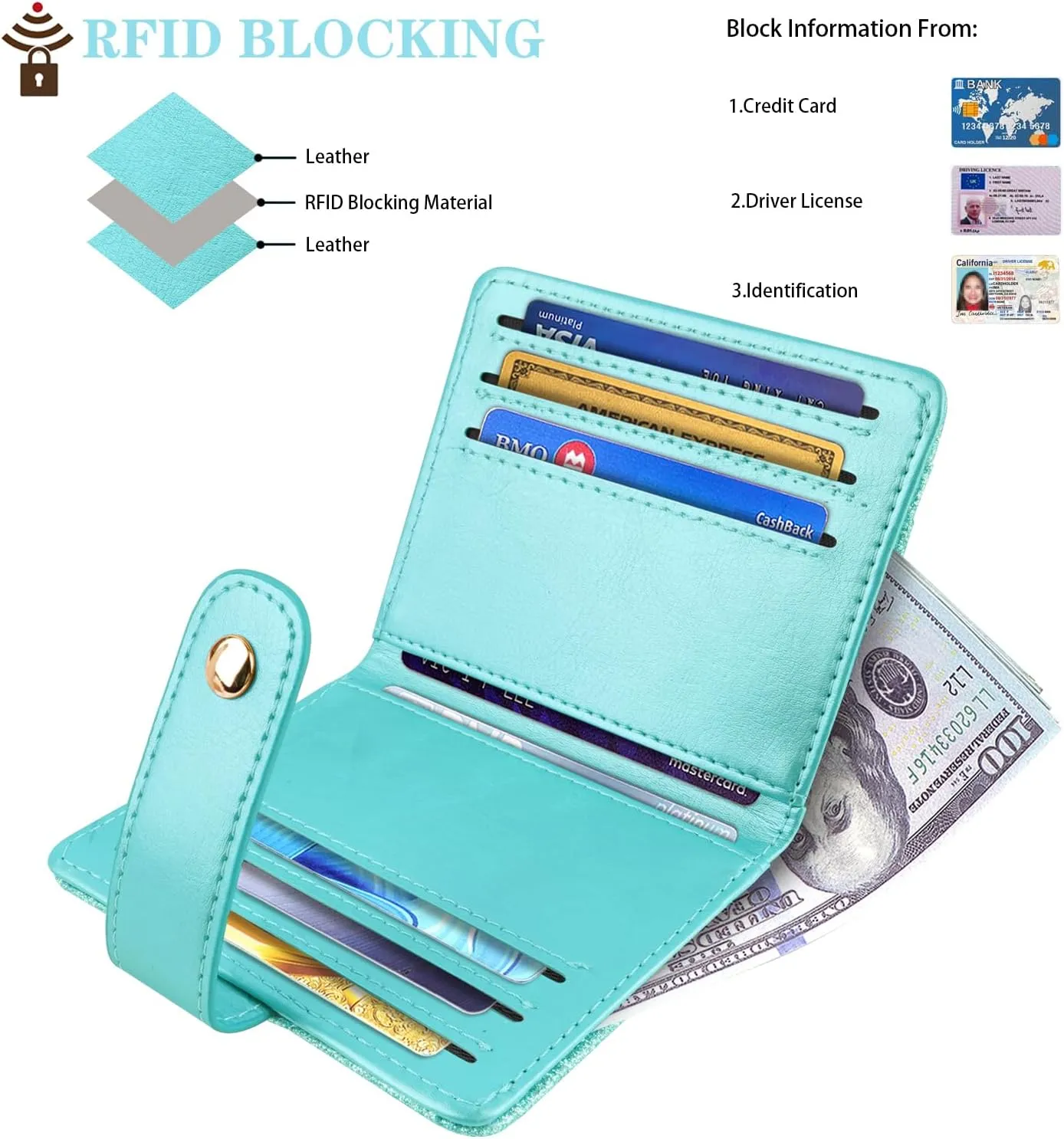 Slim Bifold Wallet RFID Credit Card Wallet Glitter Leather Small Cute Card Holder for Women, Tiffany