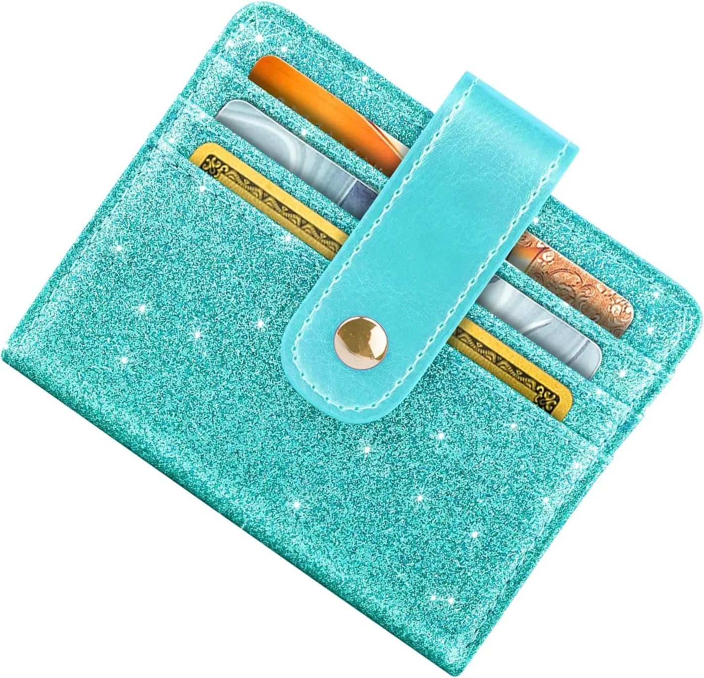 Slim Bifold Wallet RFID Credit Card Wallet Glitter Leather Small Cute Card Holder for Women, Tiffany
