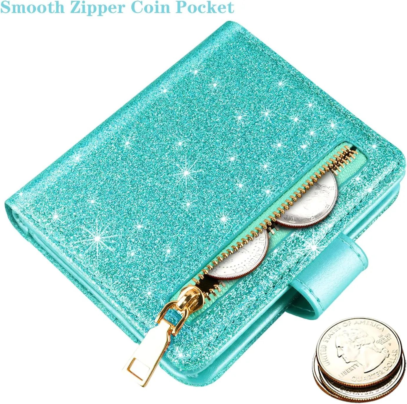 Slim Bifold Wallet RFID Credit Card Wallet Glitter Leather Small Cute Card Holder for Women, Tiffany