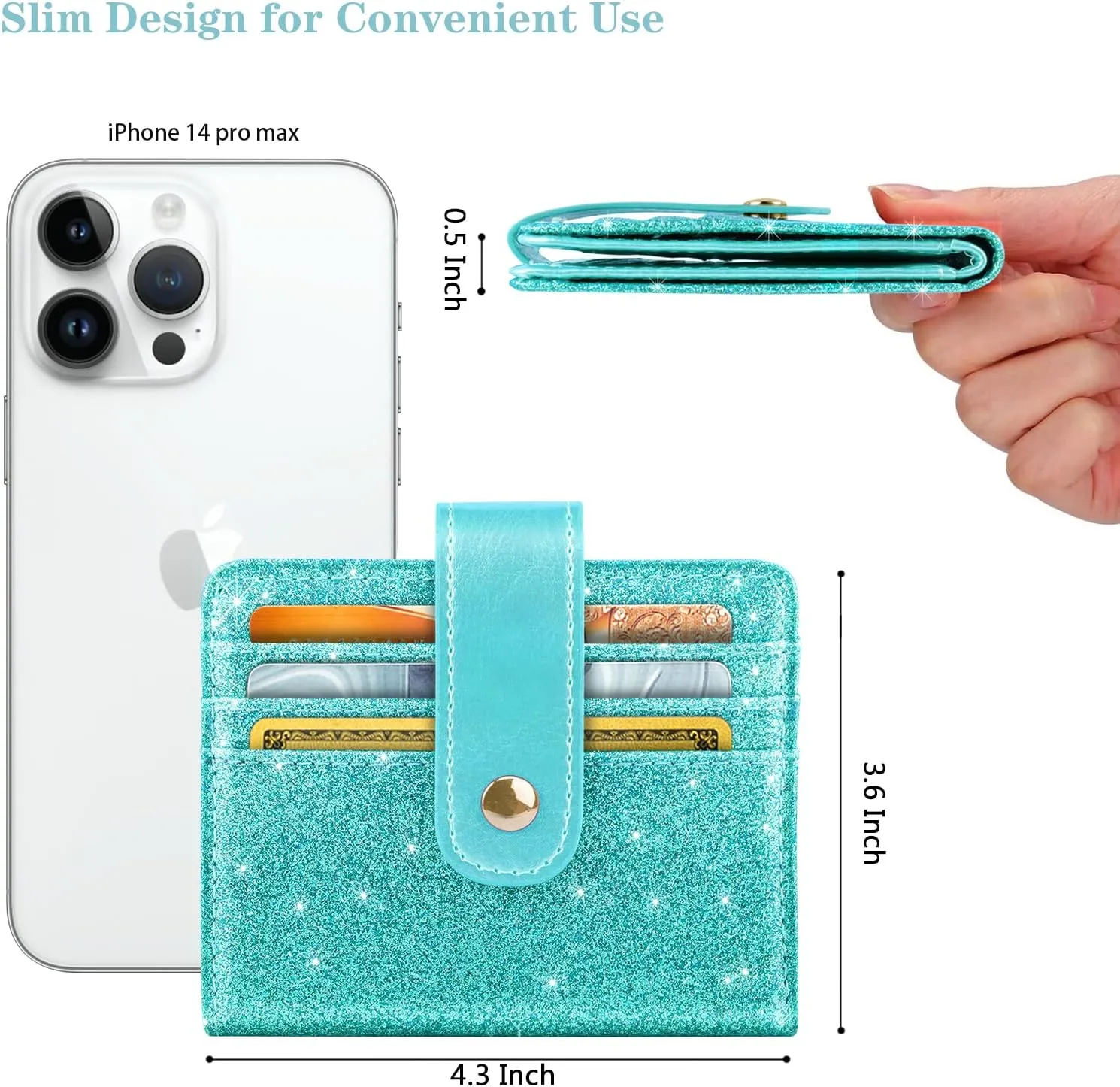 Slim Bifold Wallet RFID Credit Card Wallet Glitter Leather Small Cute Card Holder for Women, Tiffany