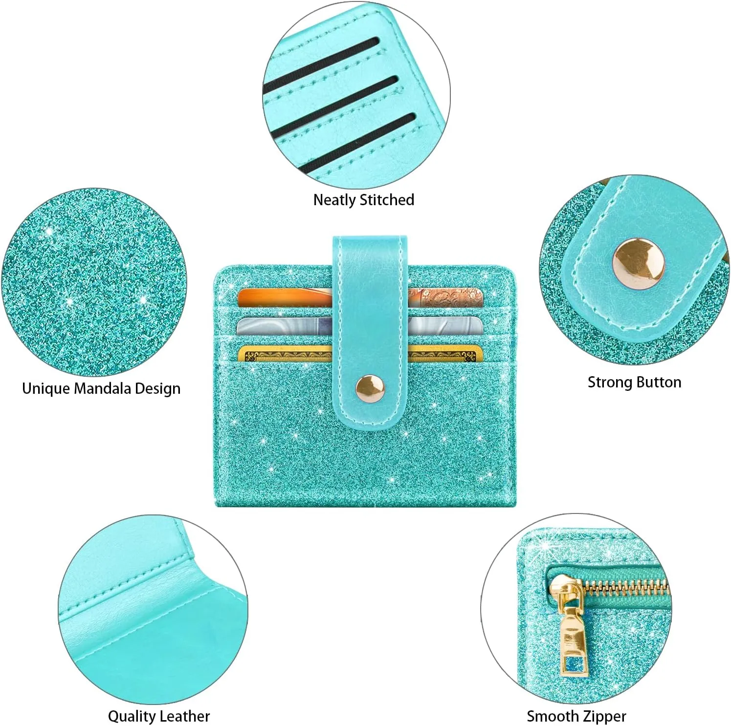 Slim Bifold Wallet RFID Credit Card Wallet Glitter Leather Small Cute Card Holder for Women, Tiffany