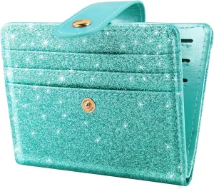 Slim Bifold Wallet RFID Credit Card Wallet Glitter Leather Small Cute Card Holder for Women, Tiffany