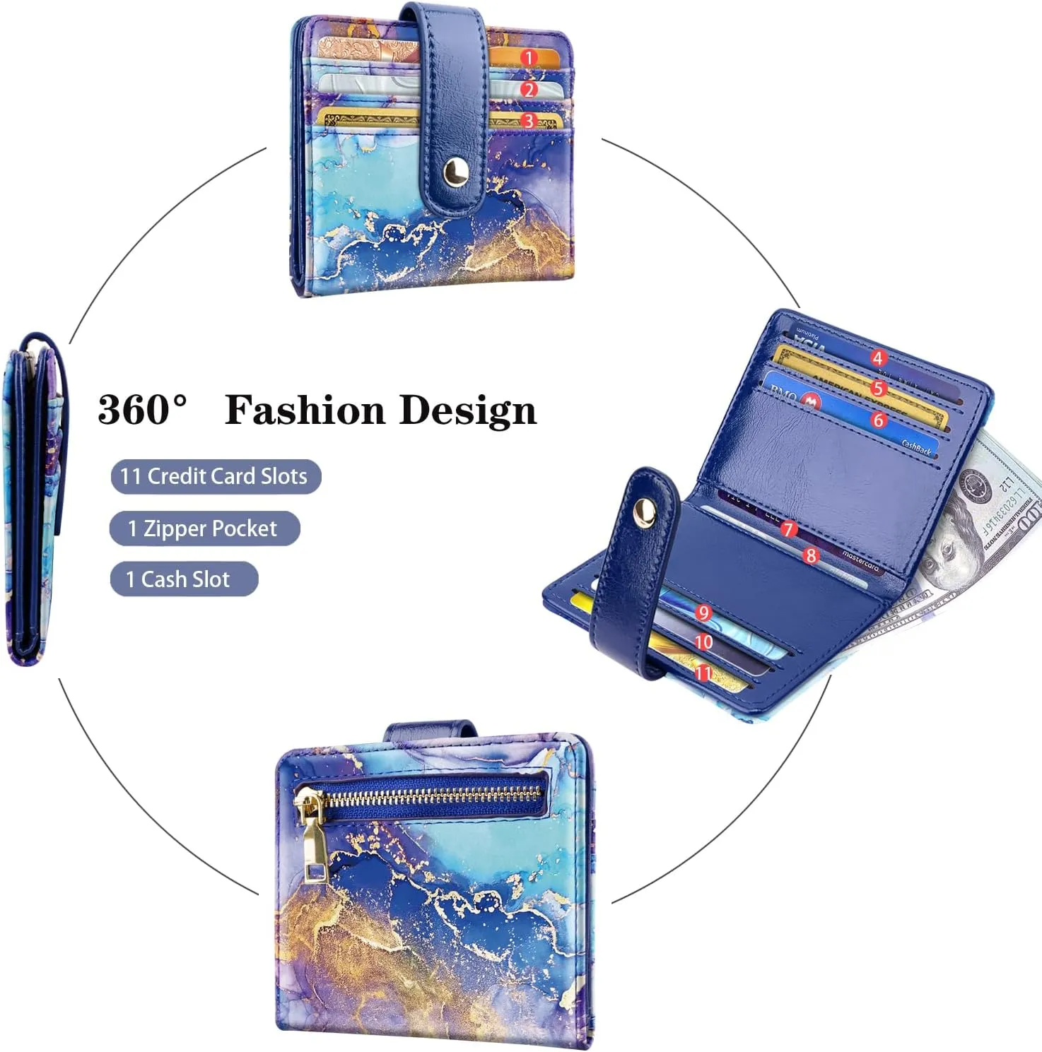 Slim Bifold Wallet RFID Credit Card Wallet Small Cute Card Holder for Women, Blue Painting