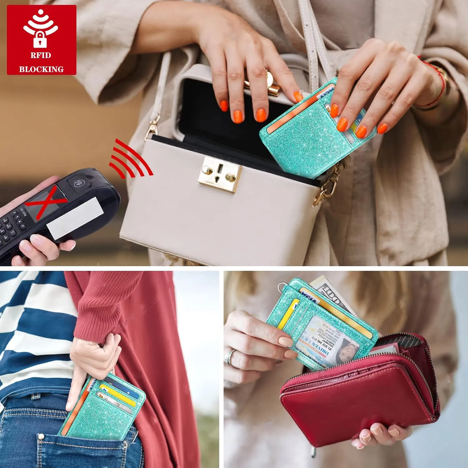 Slim Front Pocket Wallet RFID ID Card Holder Cute Small Wallet with Keychian for Women