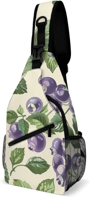 Sling Bags for Women Men Hand Drawn Blueberries Sling Backpack Adjustable Belt Casual Chest Daypack Bum Bags Fanny Pack for Travel Sports Running Hiking Waist Packs, 38x20cm