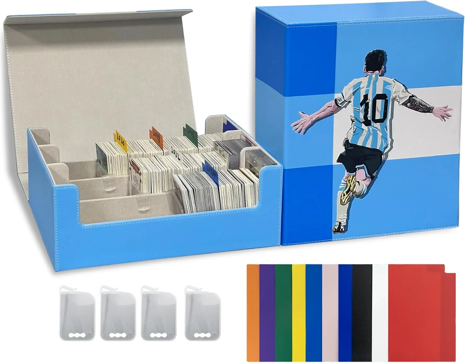 Soccer Trading Card Box - 2400  Card Storage Box with 4 Supporters & 10 Colorful Dividers for Soccer Cards,Waterproof Leather Case Fit Toploaders Magnetic Holder