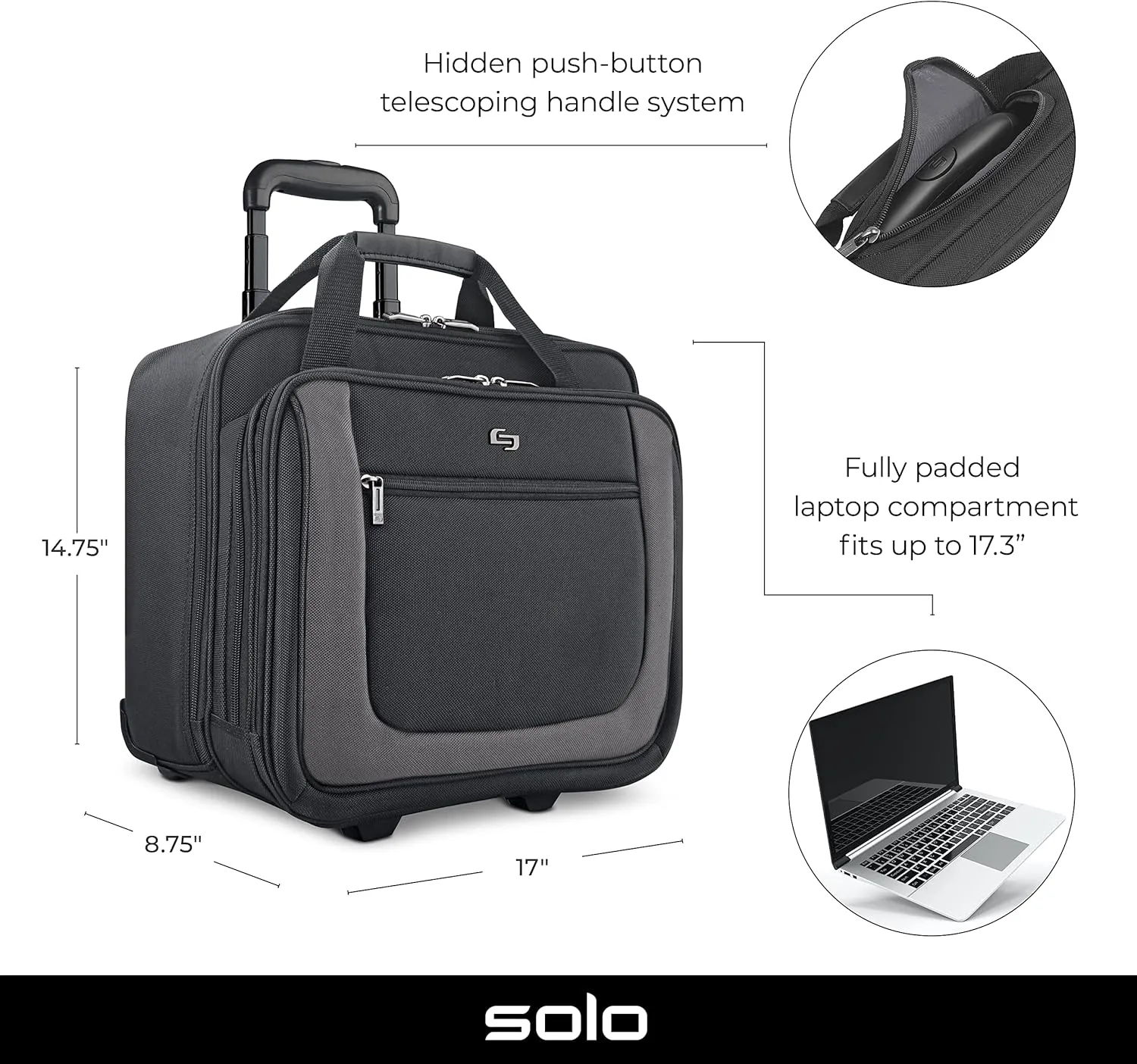 Solo New York Bryant Rolling Laptop Bag, Black/Grey, 14" x 16.8" x 5" (PT136)