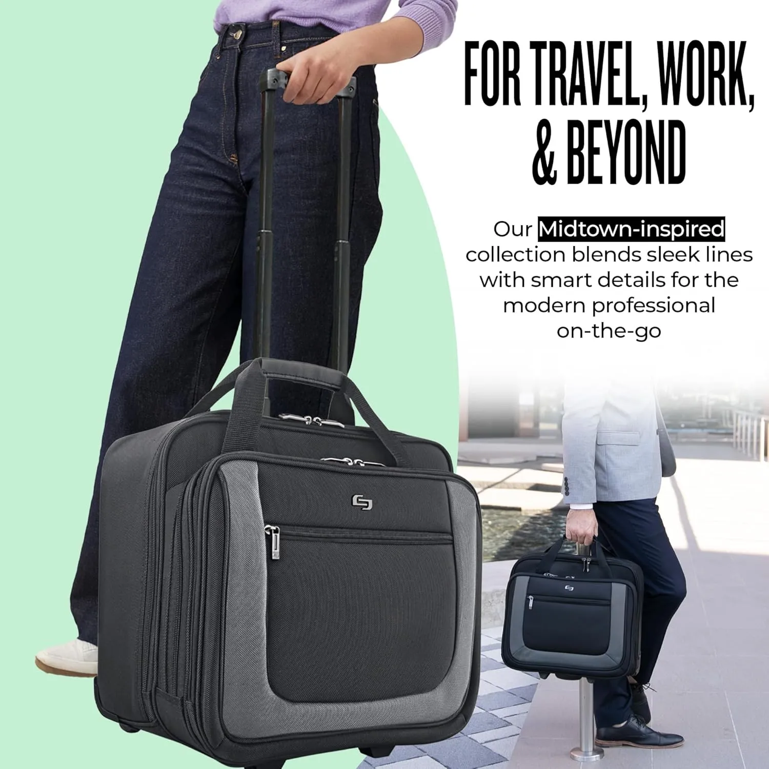 Solo New York Bryant Rolling Laptop Bag, Black/Grey, 14" x 16.8" x 5" (PT136)