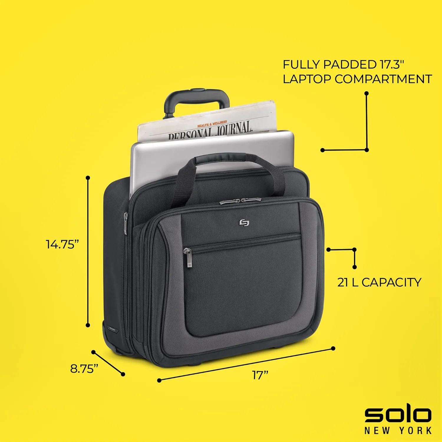 Solo New York Bryant Rolling Laptop Bag, Black/Grey, 14" x 16.8" x 5" (PT136)