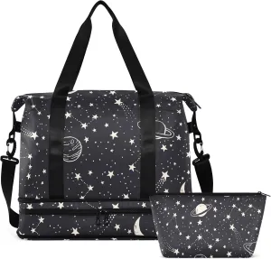 Spce Moon Star Travel Duffel Bag for Women Men Gym Bag with Shoe Compartment Wet Pocket Carry On Weekender Overnight Bags for Traveling Gym Workout