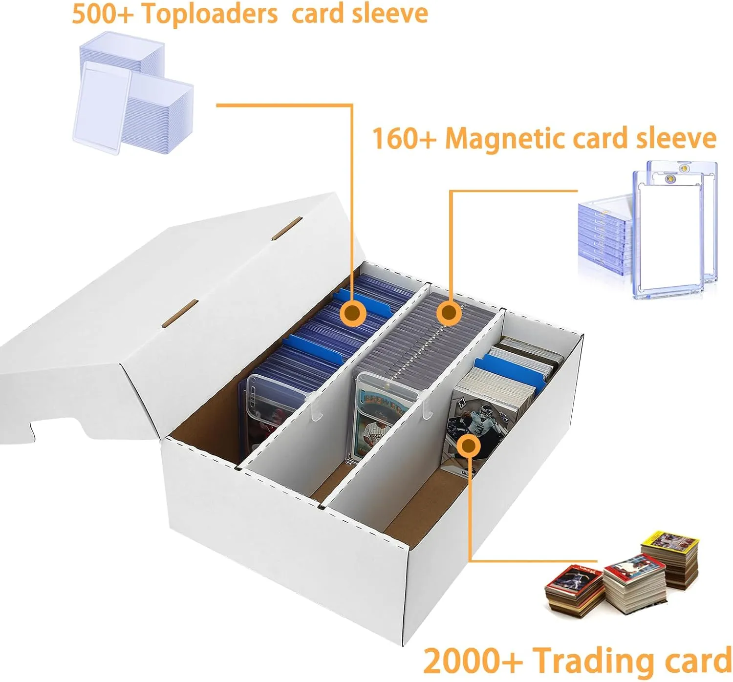 Sports Card Boxes 2400 Count Cardboard Cards Storage Box White with 8 Dividers and 50 Counts Sleeves,Storage Box for TCG/Magic/Mtg storage and Collection