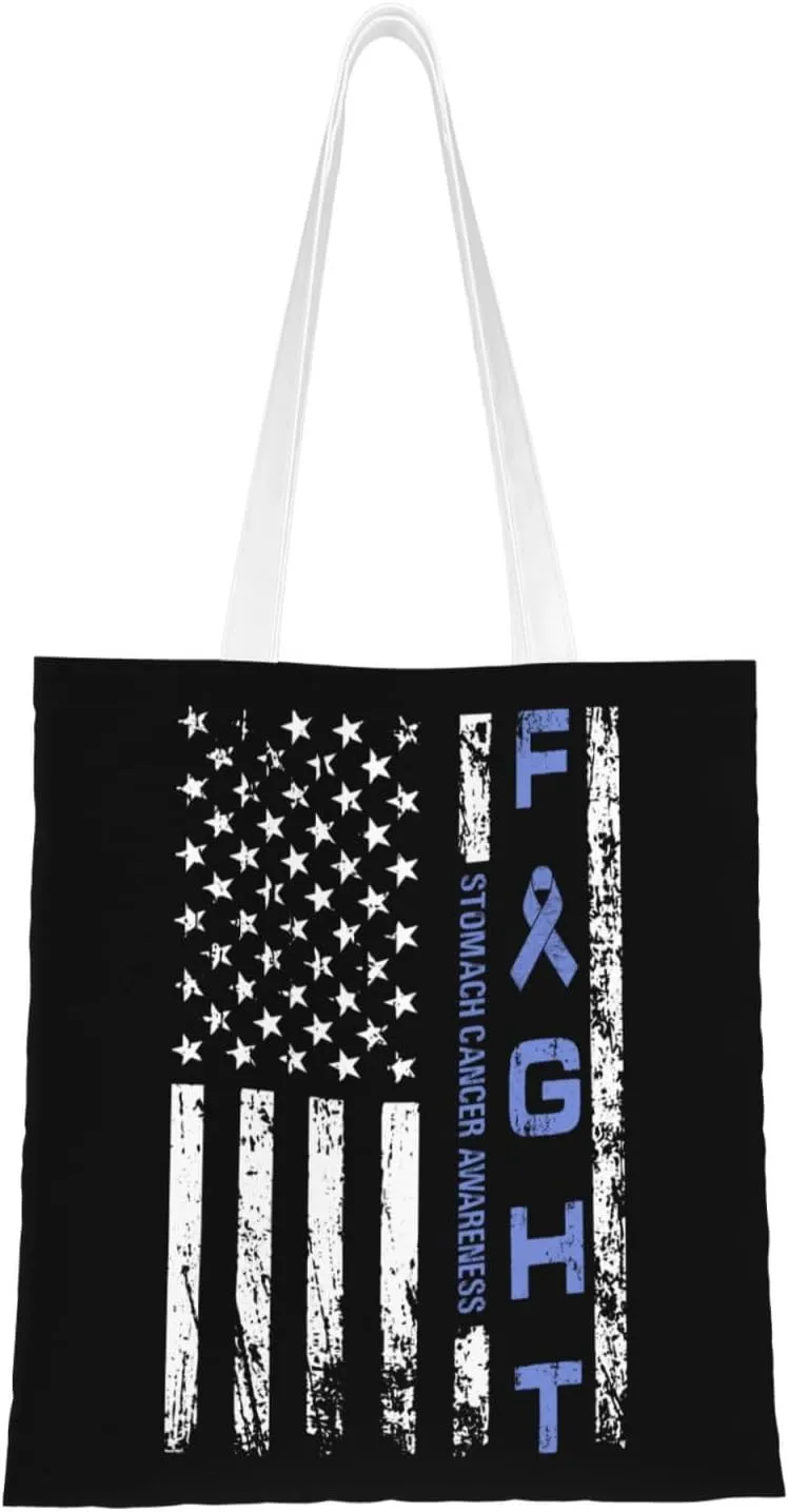 Stomach Cancer Awareness Usa Flag Tote Bag for Women Canvas Shopping Bags Reusable Beach Bag Grocery Bags Tote Shoulder Bag Gift Bags