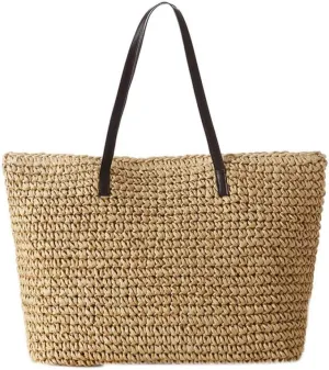 Straw Bag Classic Concise Handbag Shoulder Bag Exquisite Handwoven Retro Tote Bags for Beach Travel and Daily Use (Khaki)