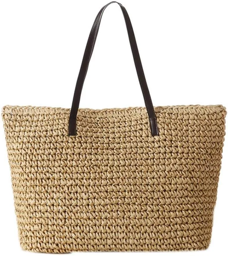 Straw Bag Classic Concise Handbag Shoulder Bag Exquisite Handwoven Retro Tote Bags for Beach Travel and Daily Use (Khaki)