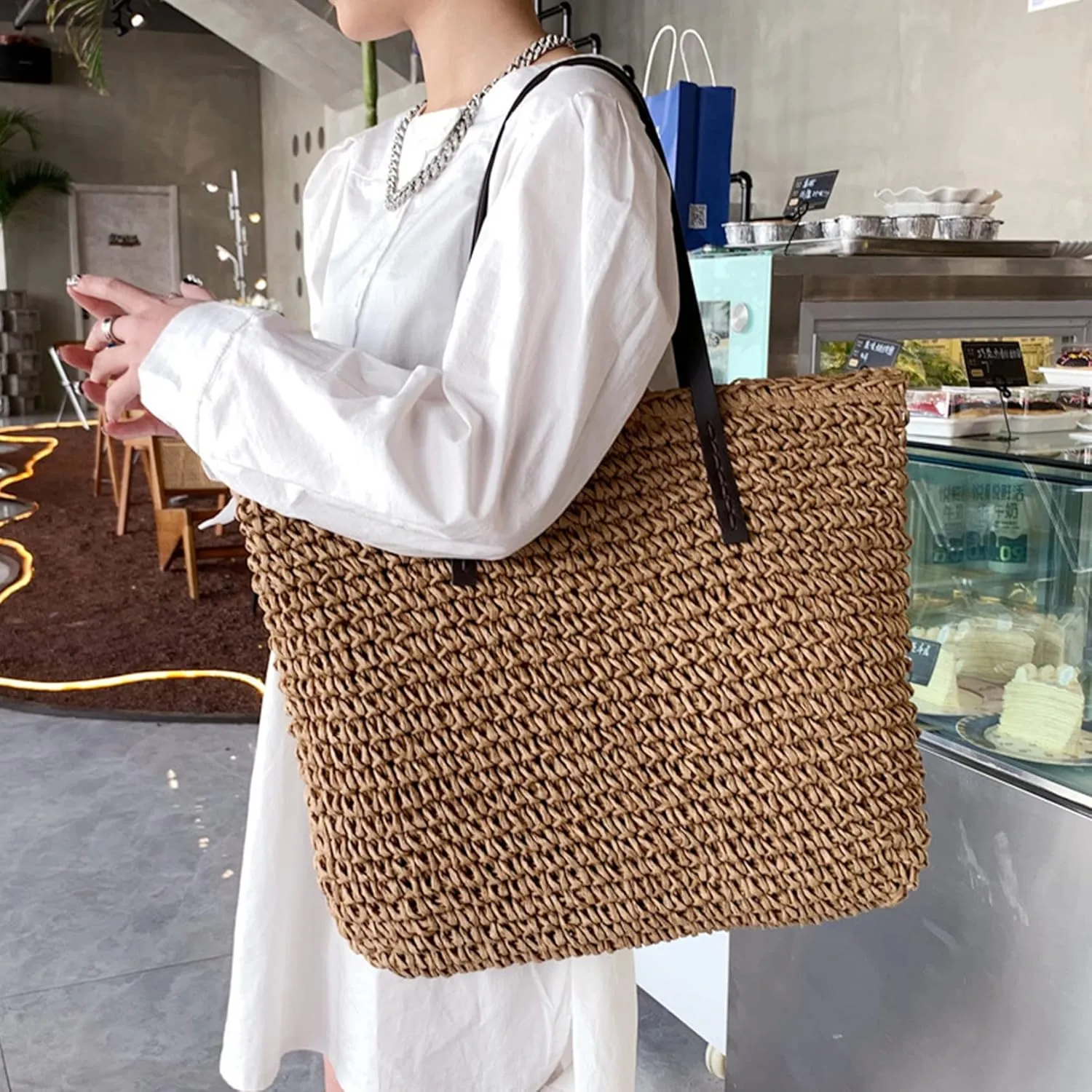 Straw Bag Women Straw Woven Tote Large Beach Handmade Weaving Shoulder Bag Handbag