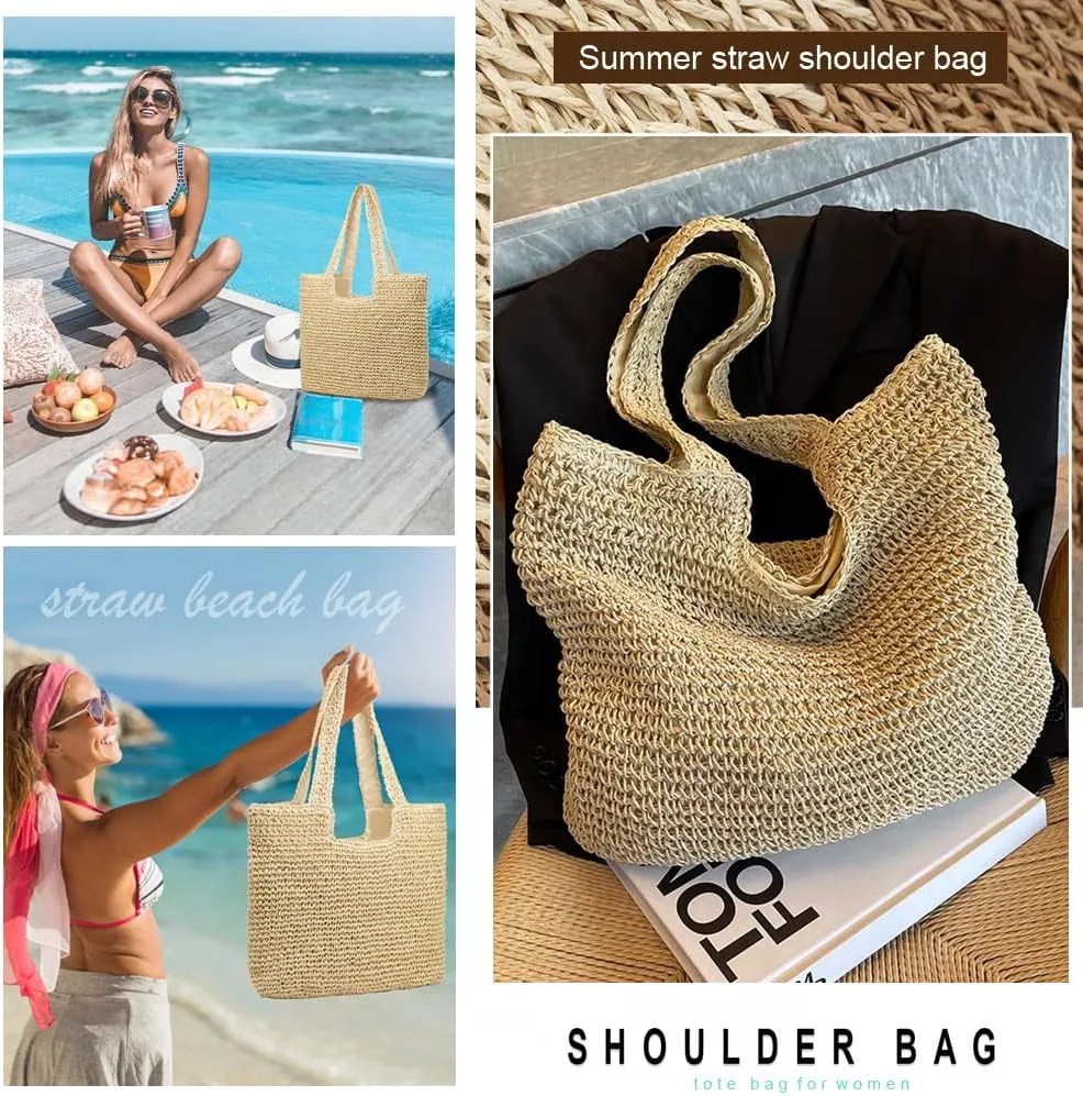 Straw Beach Bags for Women Woven Beach Tote Bag Casual Boho Large Shoulder Handbags Purse for Vacation Holiday