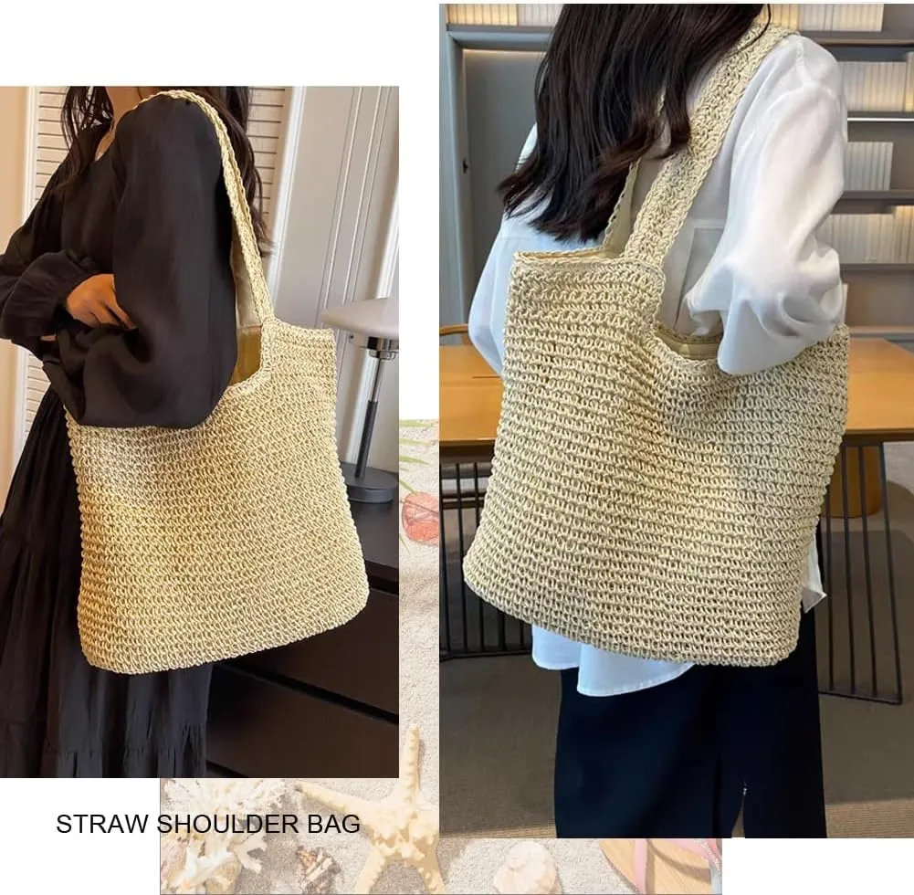 Straw Beach Bags for Women Woven Beach Tote Bag Casual Boho Large Shoulder Handbags Purse for Vacation Holiday