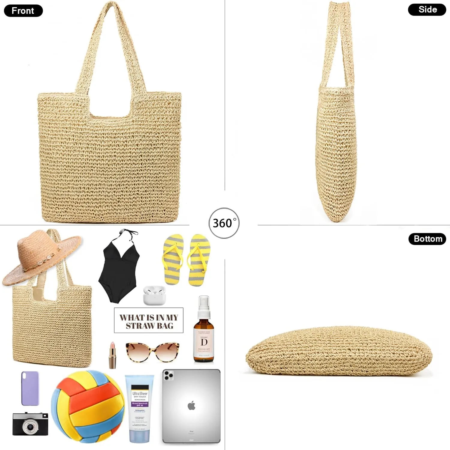 Straw Beach Bags for Women Woven Beach Tote Bag Casual Boho Large Shoulder Handbags Purse for Vacation Holiday