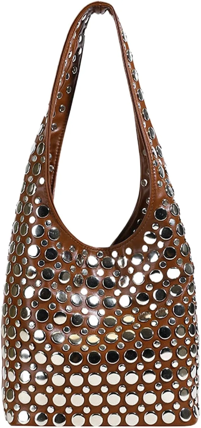 Studded Purses Y2K 90s Hobo Bags Trendy Shoulder Punk Handbag Soft Faux Leather Underarm Satchels Tote Handbag