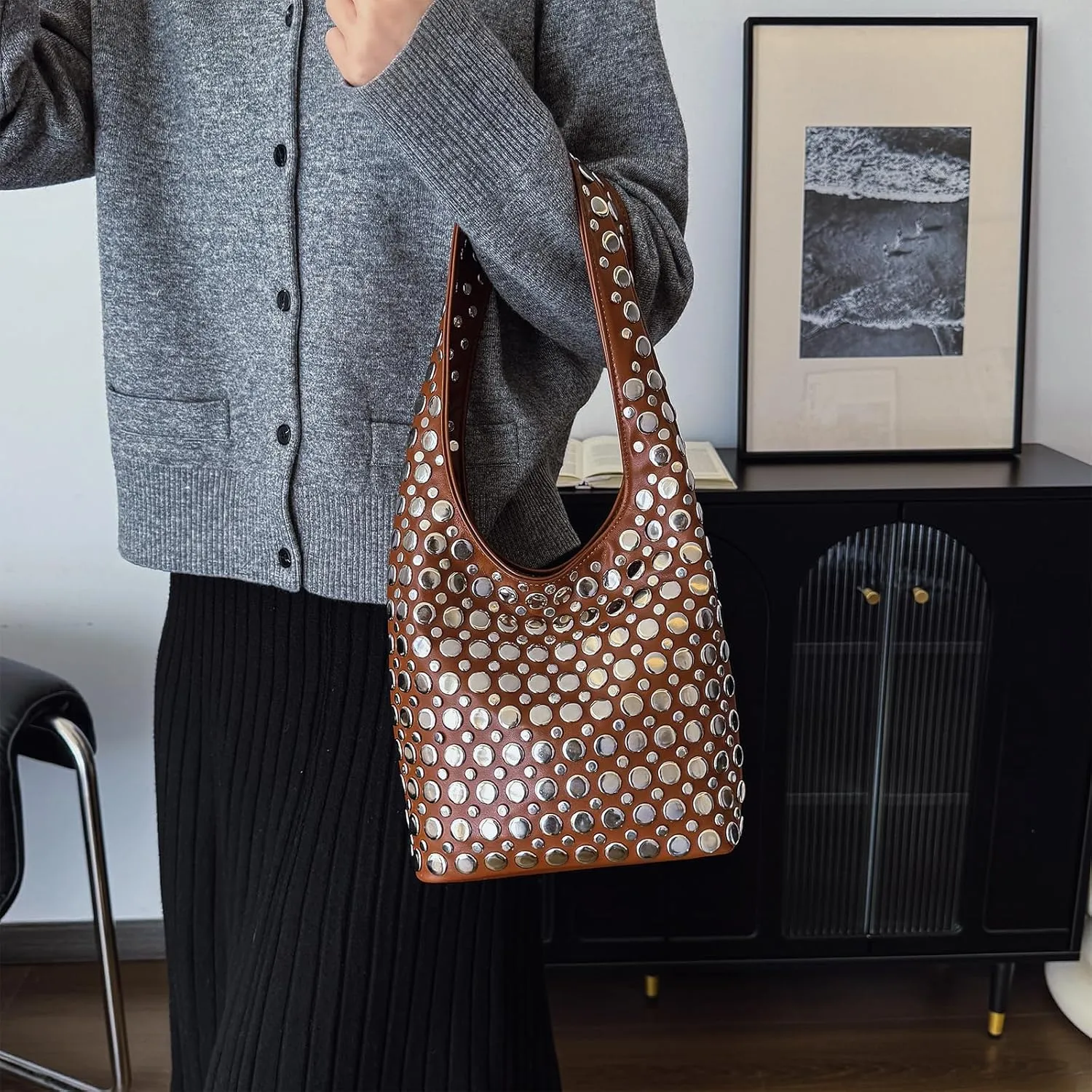 Studded Purses Y2K 90s Hobo Bags Trendy Shoulder Punk Handbag Soft Faux Leather Underarm Satchels Tote Handbag