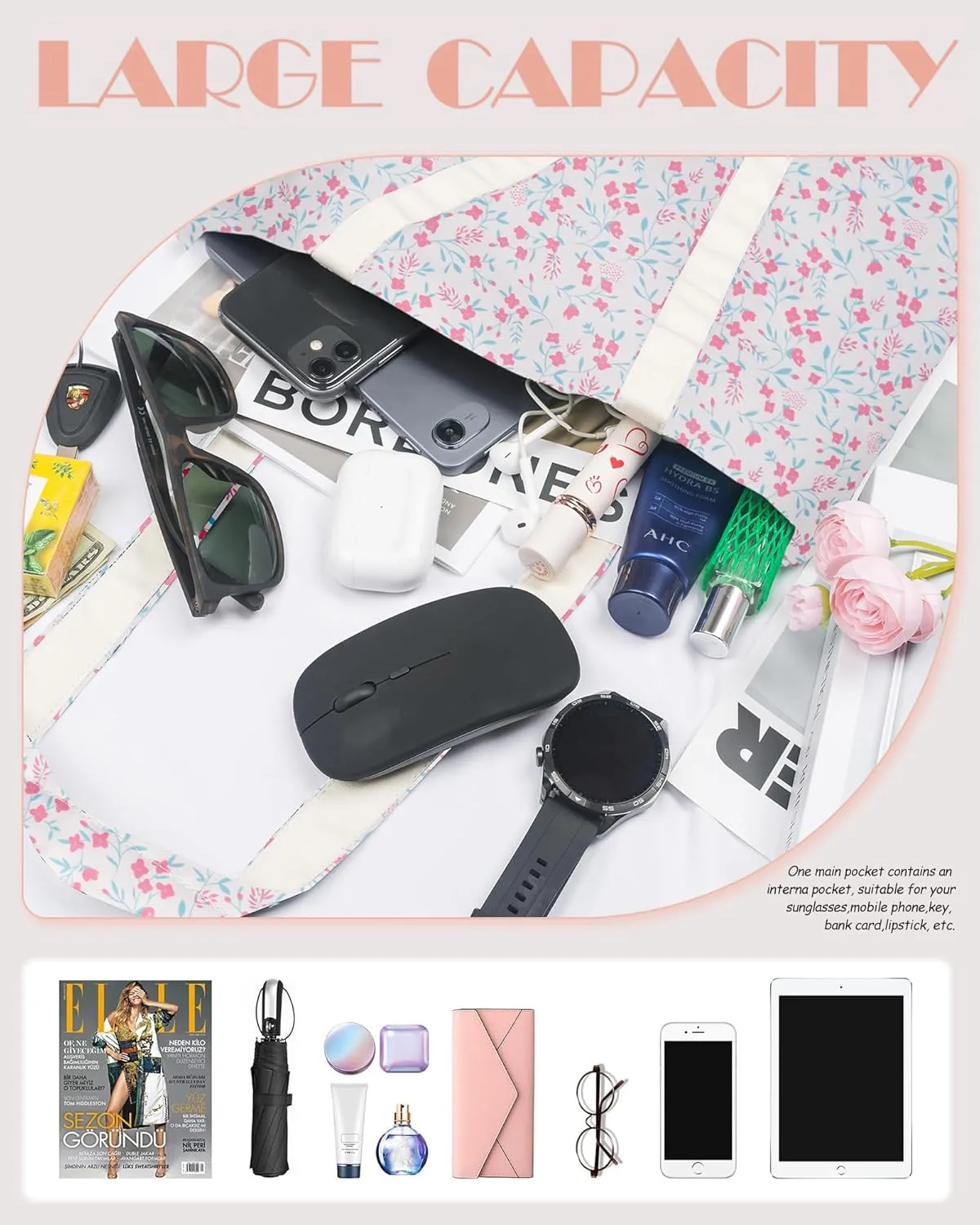 STUOYE Canvas Tote Bag for Women Cute Cotton Tote Bags Floral Travel Beach Bag Reusable Grocery Bags Cloth Shoulder Handbags