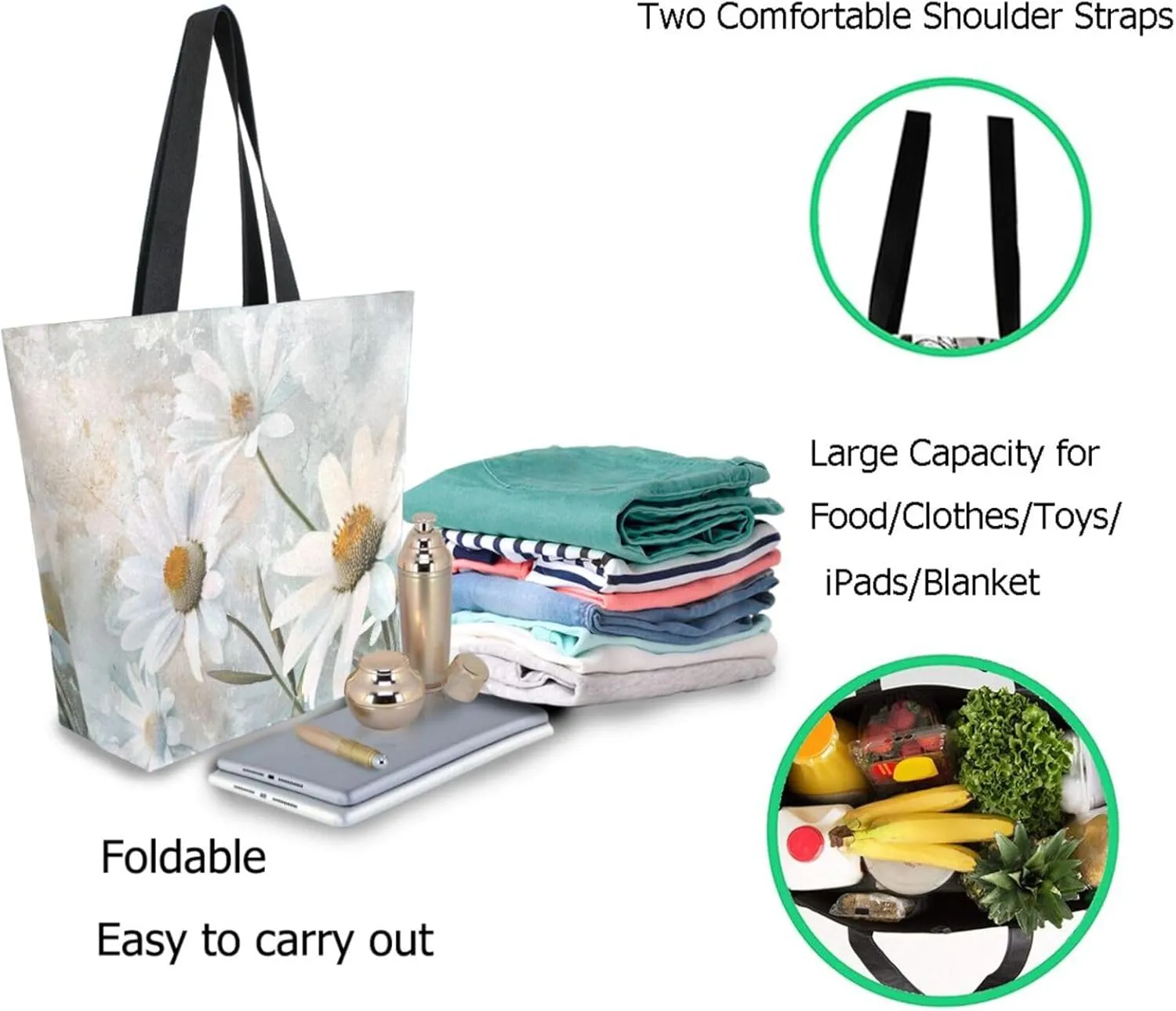 Stylish Extra Large Shoulder Grocery Tote Bag, White Daisy Flowers Canvas Daily Handle Bag for Gym Weekender Beach Travel Kitchen Reusable Market Shopping