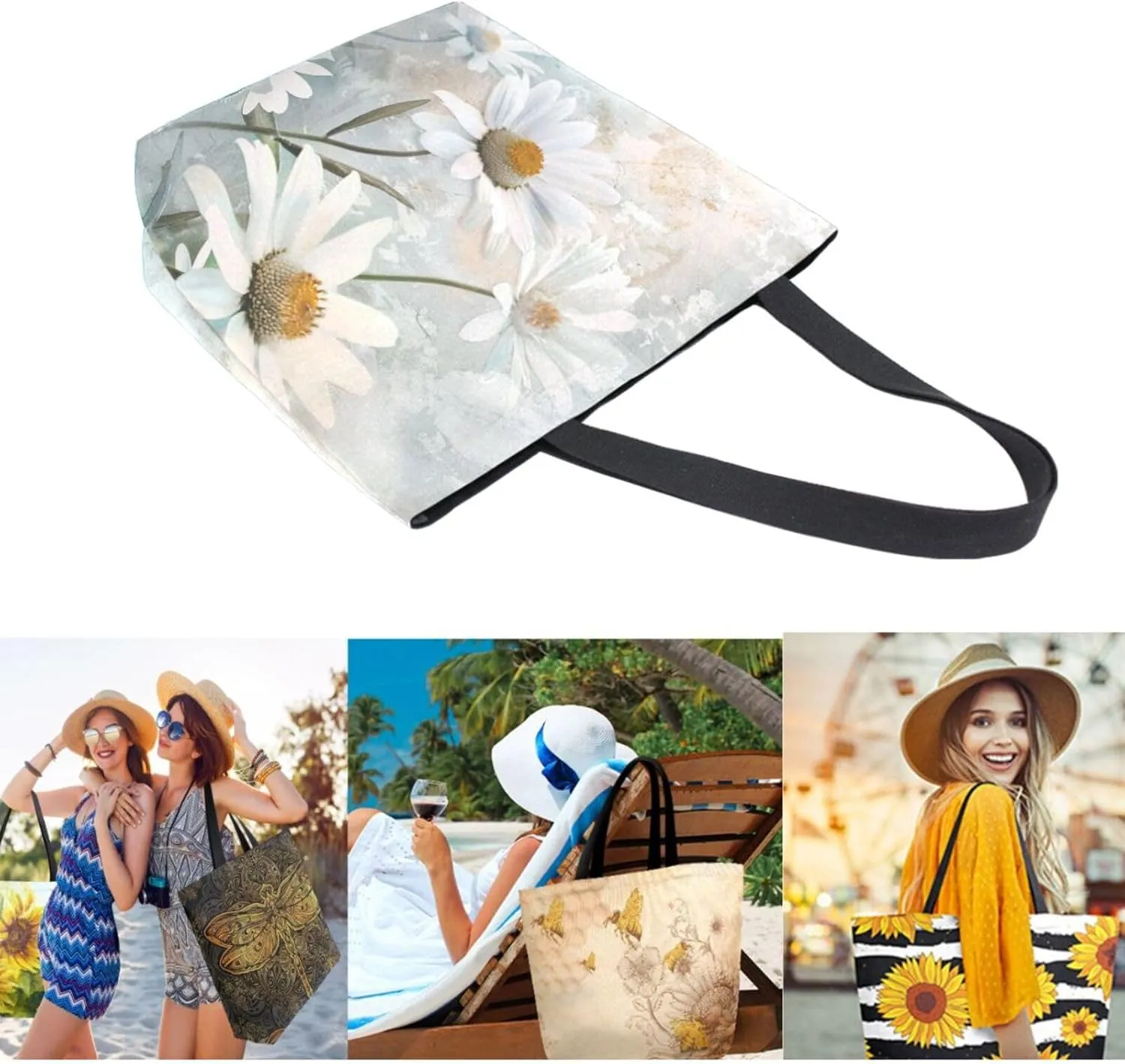 Stylish Extra Large Shoulder Grocery Tote Bag, White Daisy Flowers Canvas Daily Handle Bag for Gym Weekender Beach Travel Kitchen Reusable Market Shopping