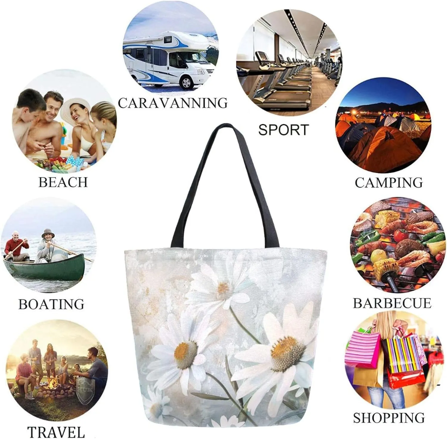 Stylish Extra Large Shoulder Grocery Tote Bag, White Daisy Flowers Canvas Daily Handle Bag for Gym Weekender Beach Travel Kitchen Reusable Market Shopping