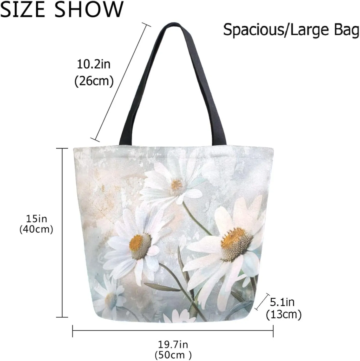 Stylish Extra Large Shoulder Grocery Tote Bag, White Daisy Flowers Canvas Daily Handle Bag for Gym Weekender Beach Travel Kitchen Reusable Market Shopping